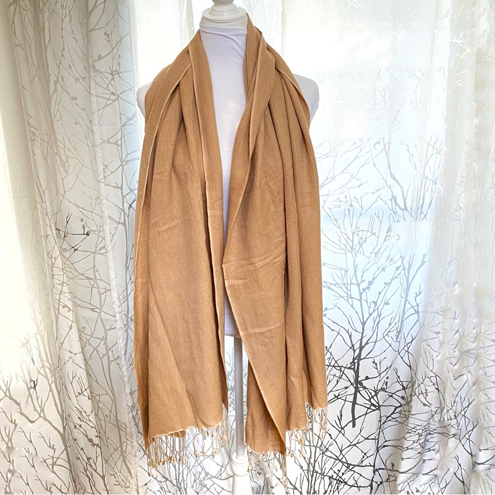Peach Couture tan brown nude cashmere fringe pashmina long scarf - Picture 3 of 4